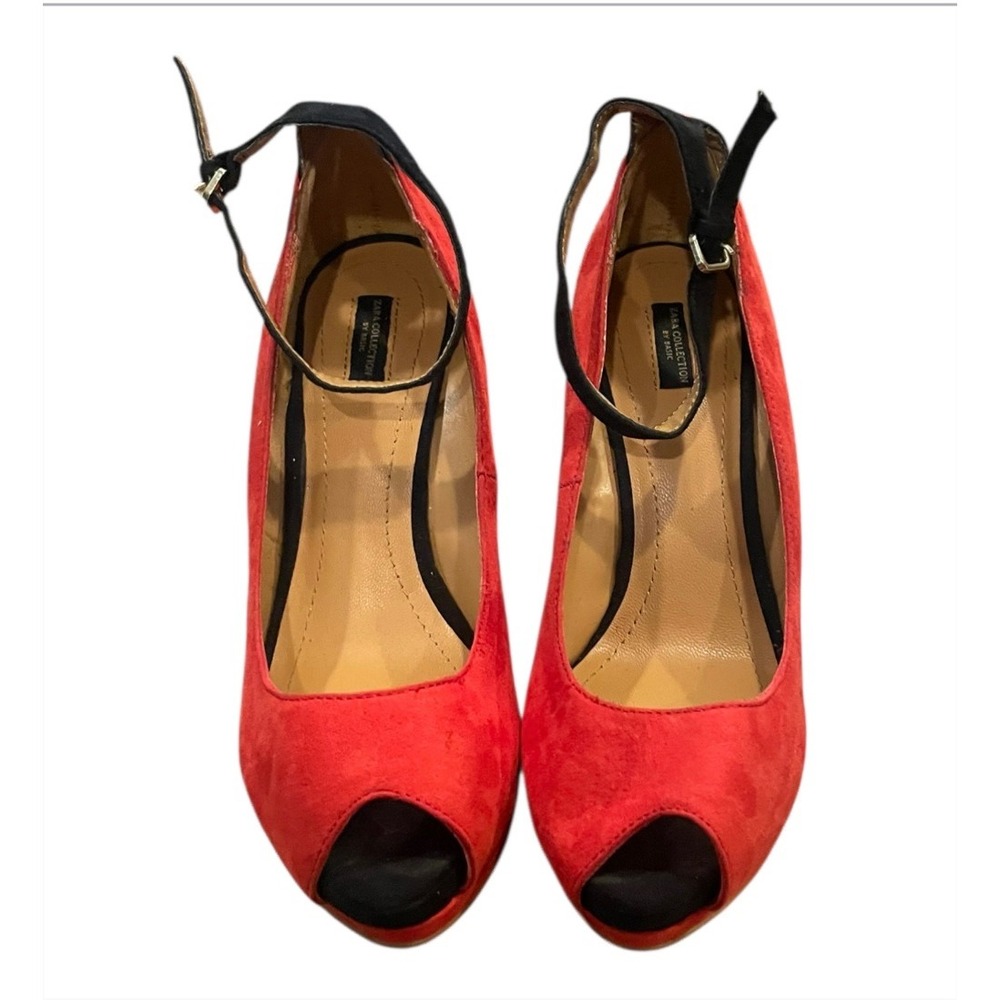 ZARA Collection Red Suede Peep Toe Ankle Strap Wedge Heels Women Size 36